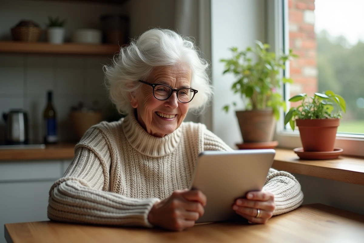 Femme âgée utilisant une tablette pour suivre le football