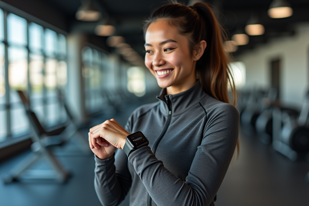 Femme vérifiant ses données sur une montre connectée en salle
