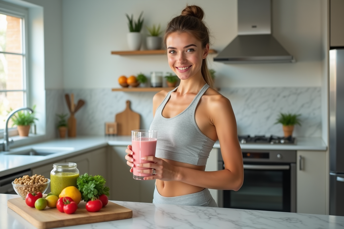 Jeune femme en tenue de sport prépare un smoothie dans une cuisine moderne