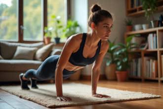Femme en train de faire des pompes dans son salon cosy