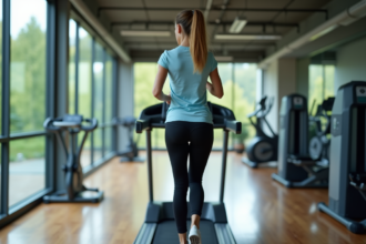 Femme sportive marchant sur un tapis de course moderne
