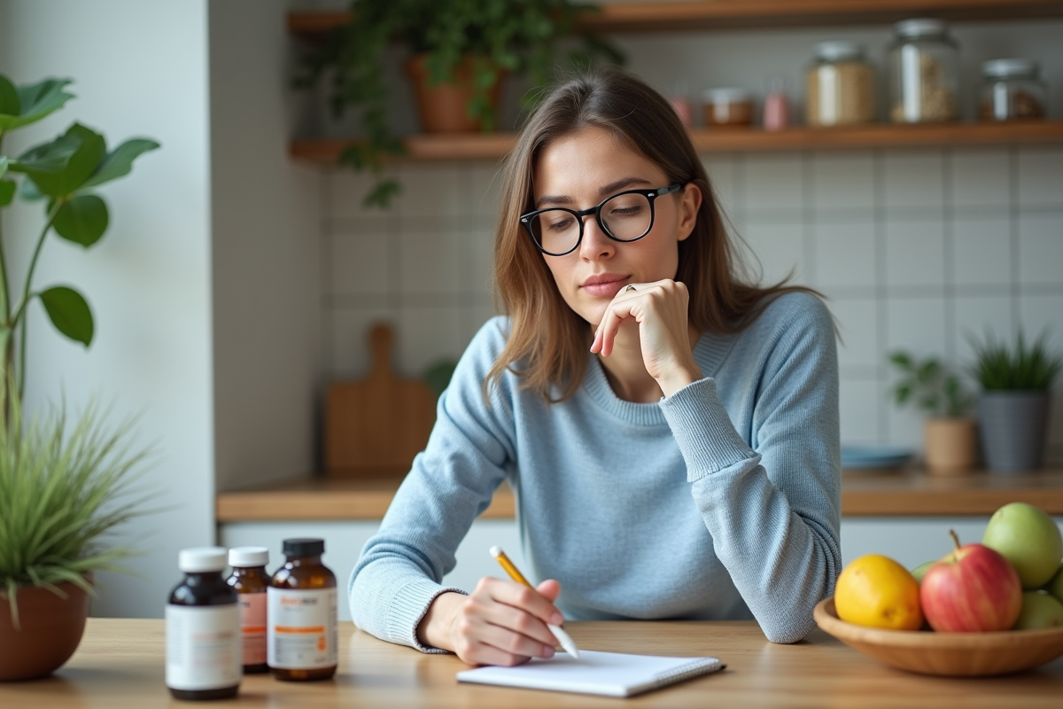 Femme lisant une étiquette de compléments dans la cuisine