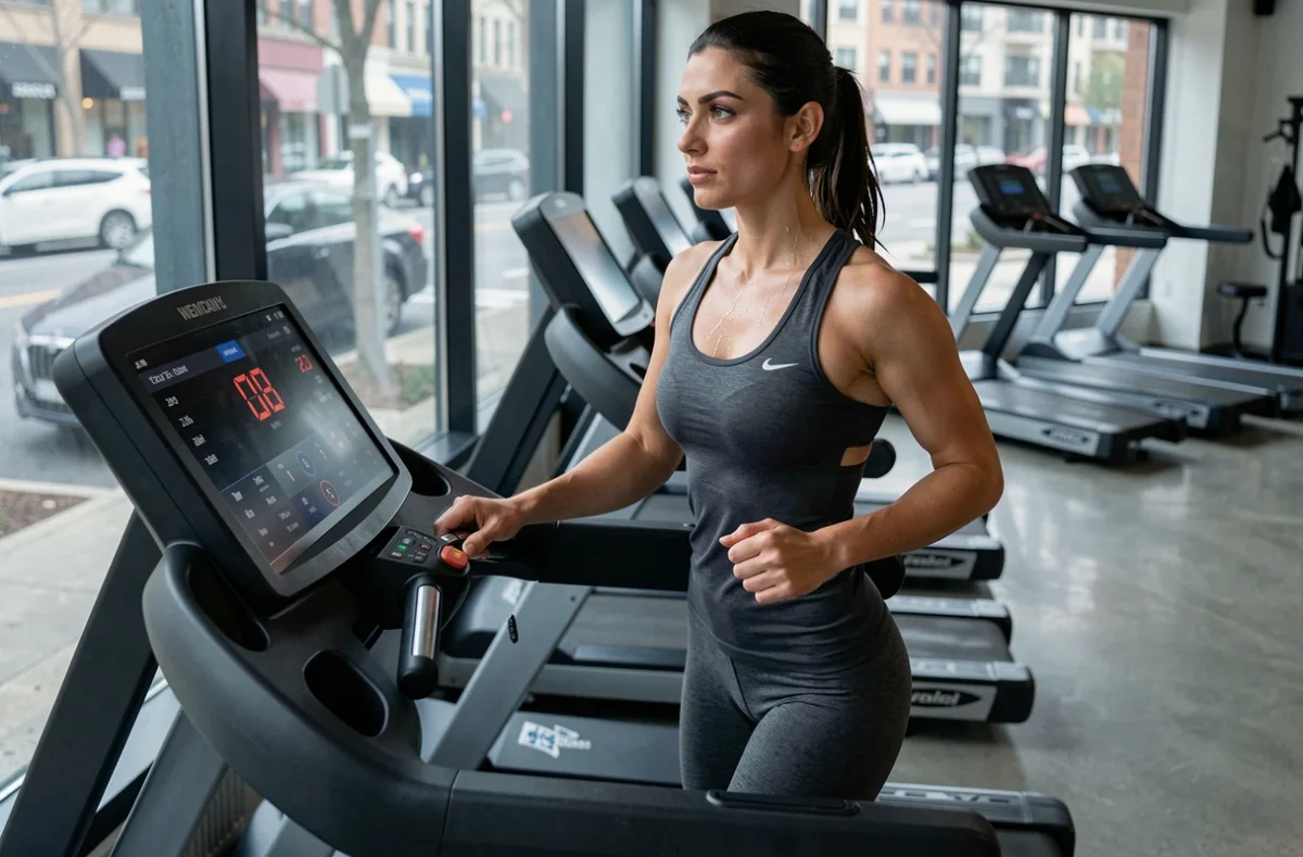 Femme courant sur un tapis de course à vitesse modérée dans une salle de sport moderne, affichage numérique visible sur la console
