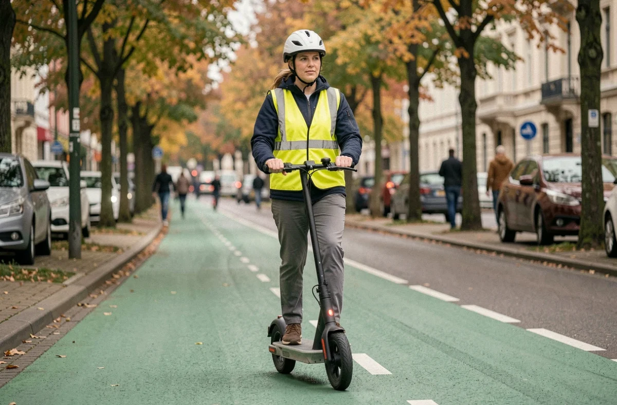 Femme casquée conduisant une trottinette électrique sur une piste cyclable urbaine en toute sécurité