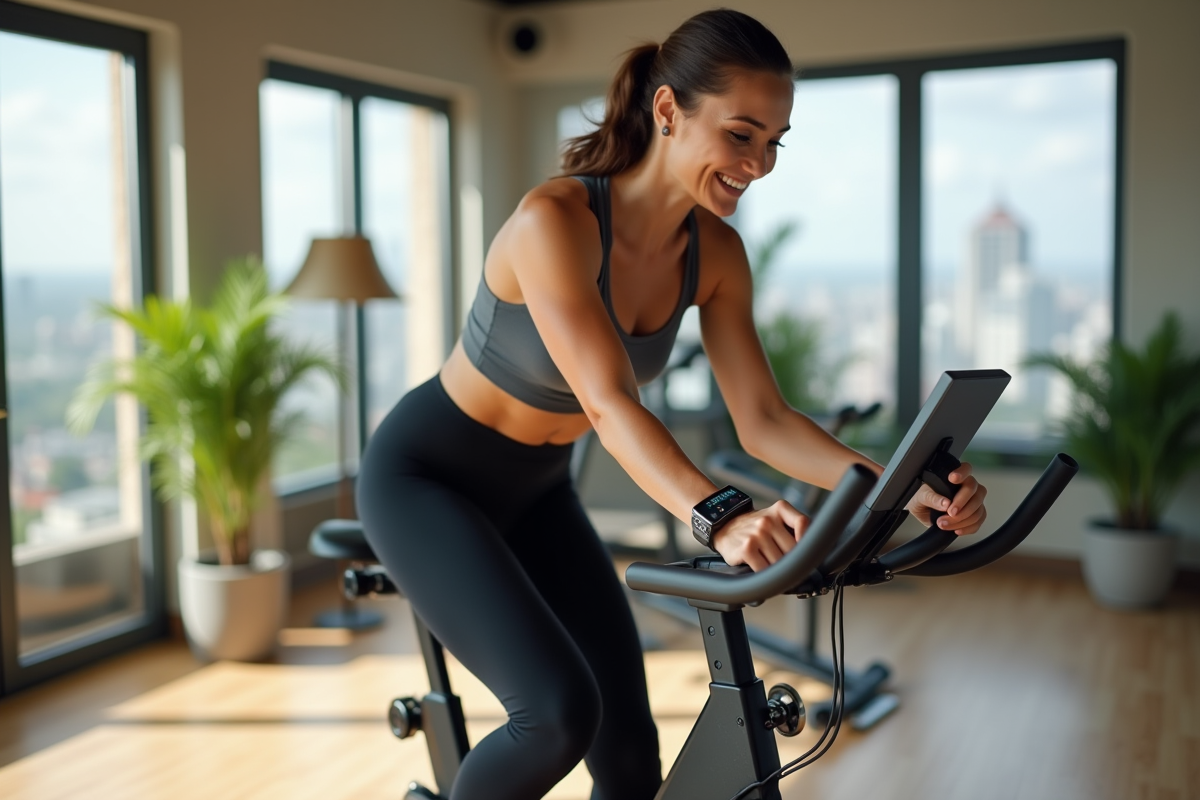 Femme souriante utilisant vélo connecté dans studio lumineux