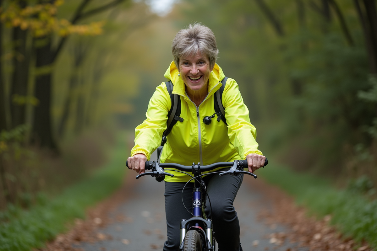 Femme à vélo sur sentier forestier avec équipement de sécurité