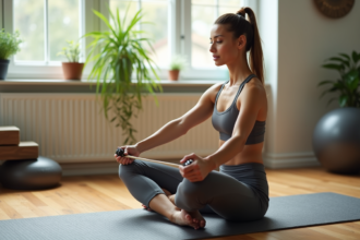 Femme en yoga avec bande de resistance dans un studio lumineux
