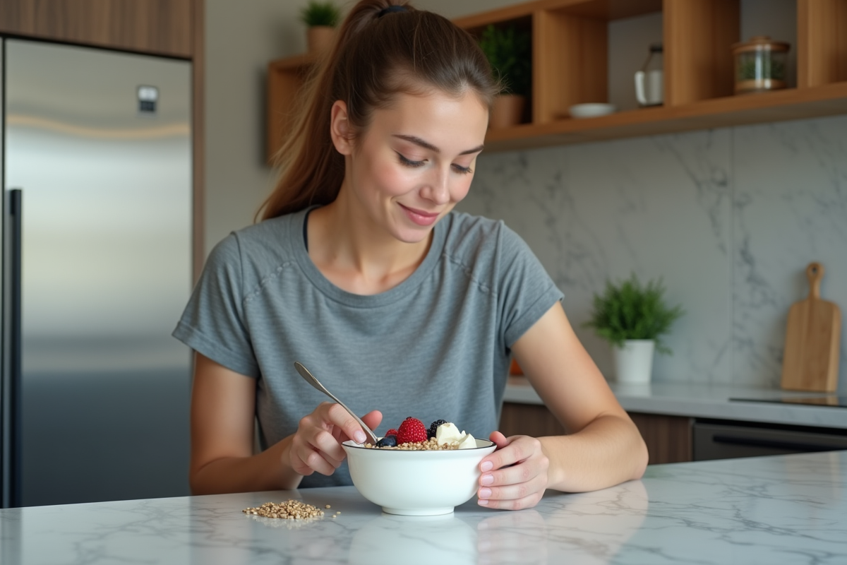 Jeune femme sportive prenant un bol de yogourt aux fruits