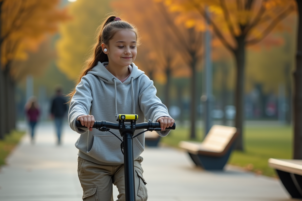 Adolescente en scooter électrique dans un parc automnal
