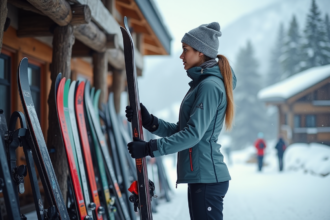 Jeune femme évaluant la longueur de skis devant un magasin de ski enneige