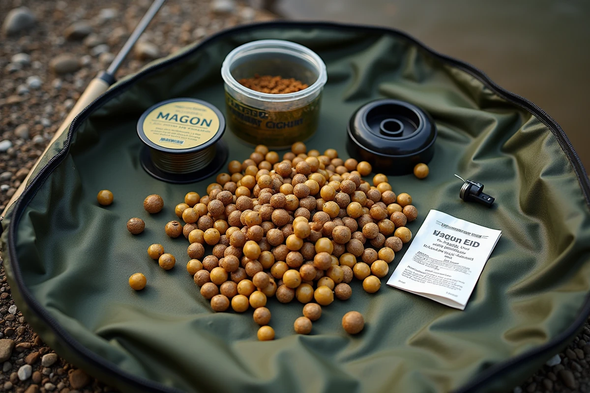 Flat lay de matériel de pêche à la carpe avec bouillettes, feeder method, fluorocarbone et amorce sur un tapis de réception vert au bord de l'eau