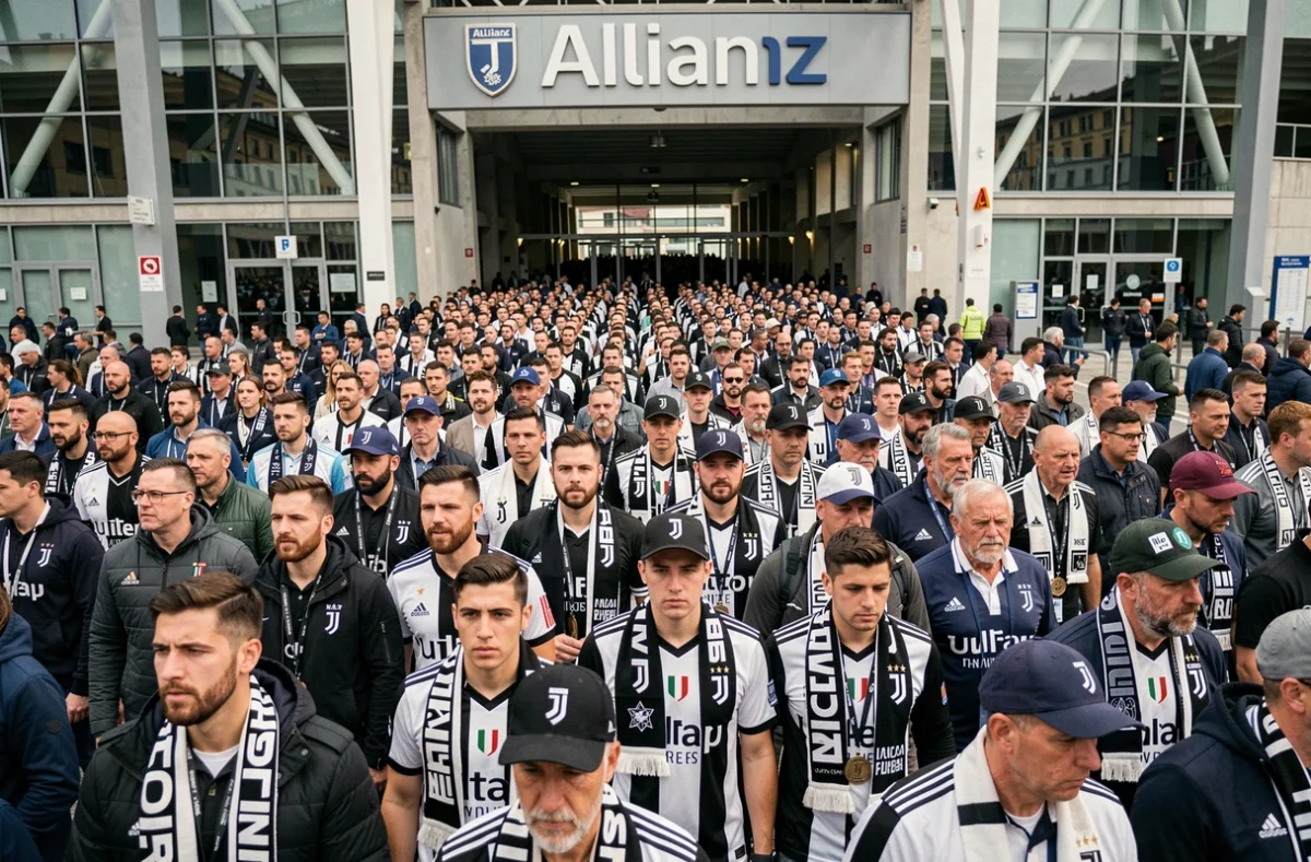 Foule de supporters de la Juventus entrant au stade Allianz de Turin avant un match
