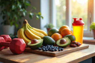 Assortiment de fruits frais et colorés avec haltères