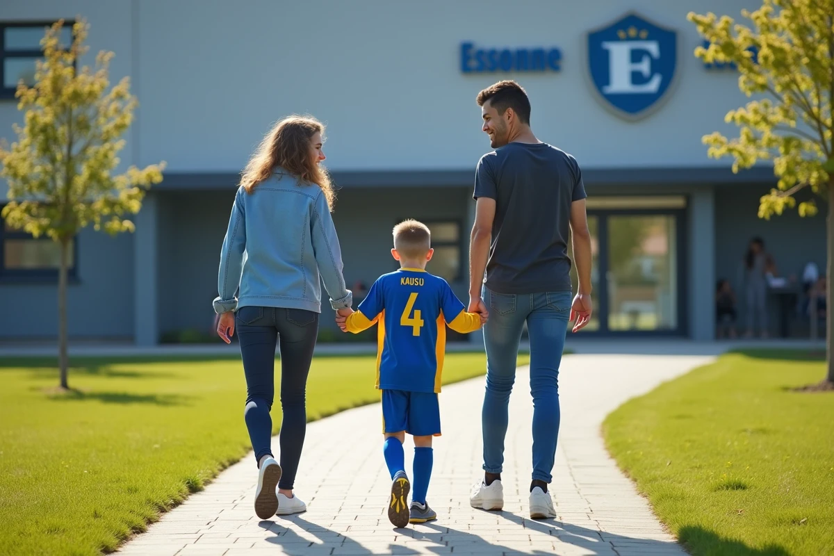 Jeune garçon et sa mère devant le club de football