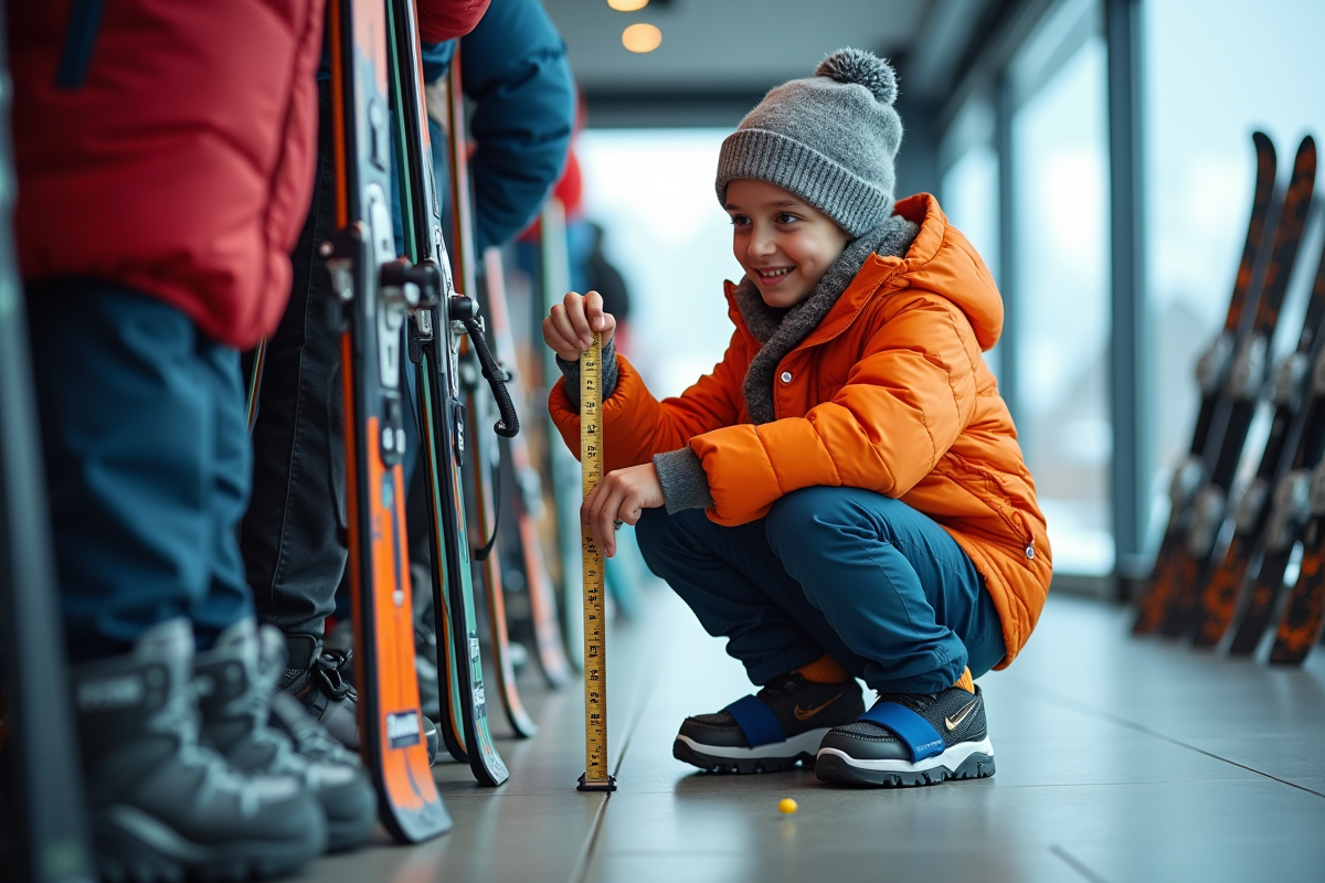 Garçon de 12 ans mesurant ses skis dans un magasin de ski intérieur