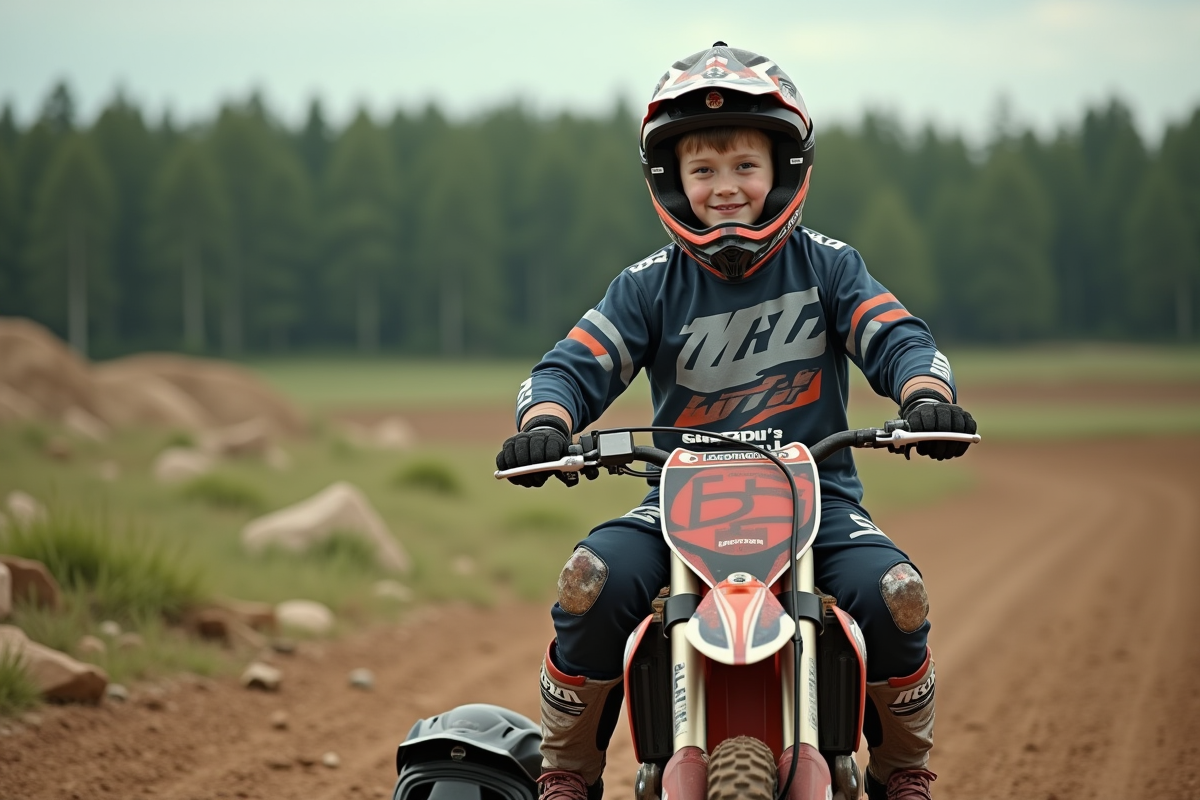 Garçon de 13 ans souriant en motocross sur un vélo tout-terrain
