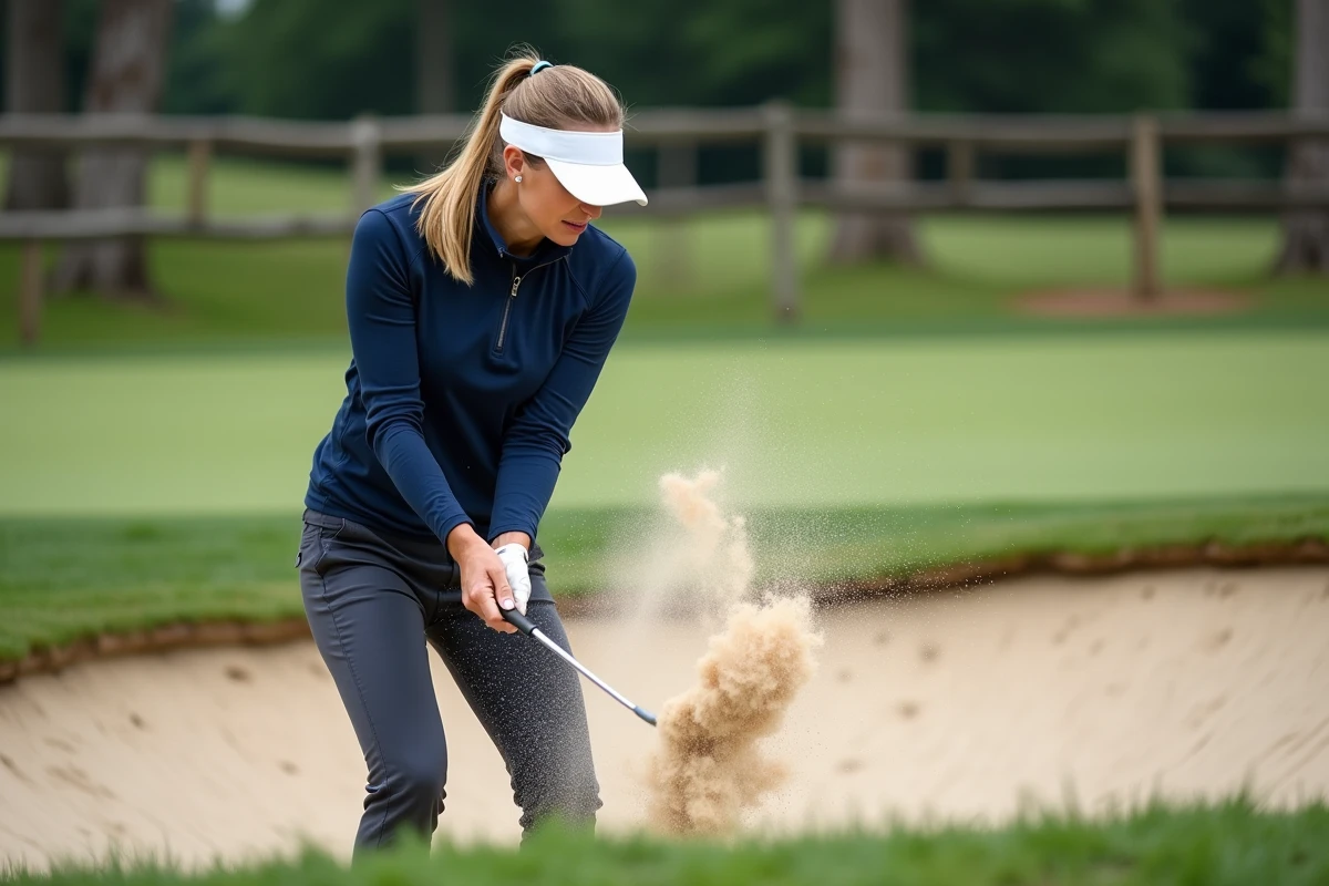Golfeuse jouant un coup de bunker avec un wedge de sable, apprentissage de la sortie de bunker sans modifier son swing