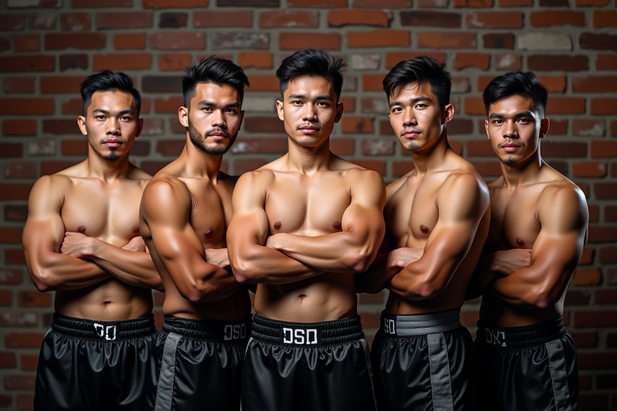 Groupe de champions thaï à Strasbourg devant un mur