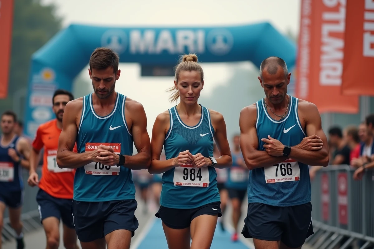 Groupe de coureurs au départ d'un marathon vérifiant leur allure cible sur montre avant le signal de départ