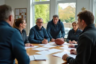 Groupe d'adultes en discussion autour d'une table sportive