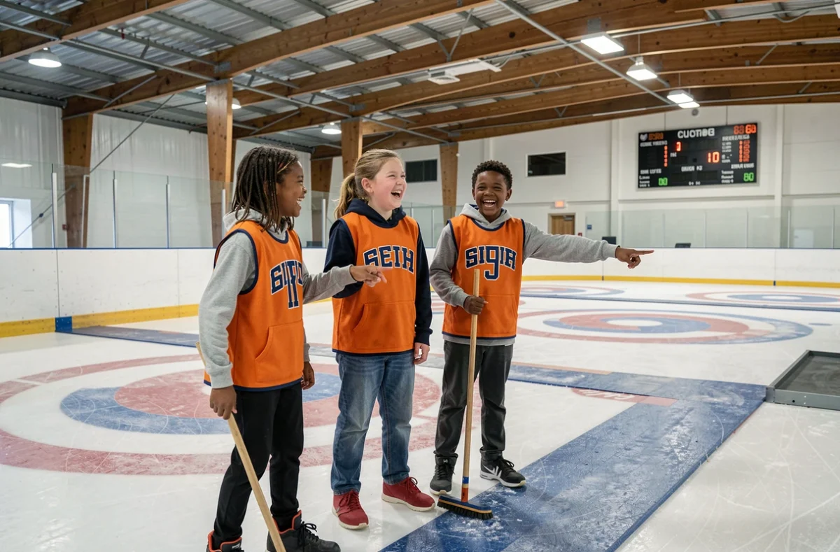 Groupe d'enfants apprenant les règles adaptées du curling ensemble dans une salle de sport avec glace intérieure