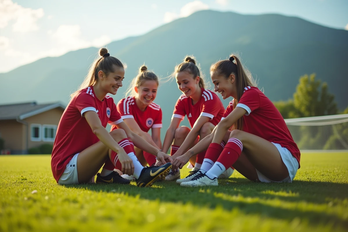 Jeunes femmes en football partageant un moment convivial sur un terrain
