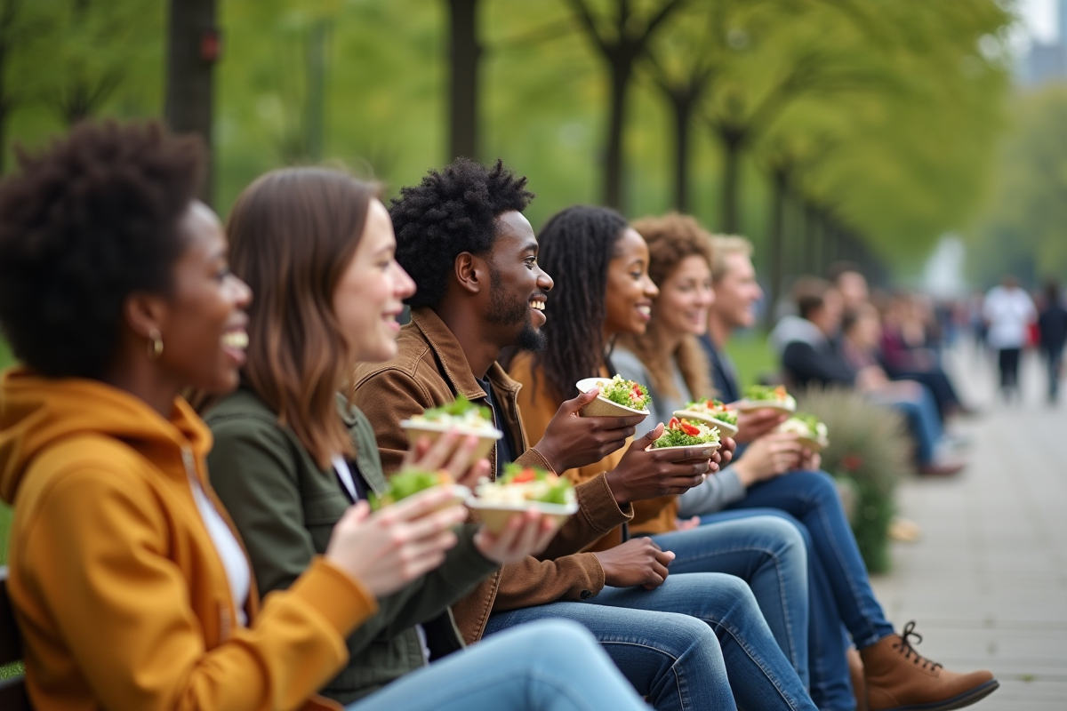 Jeunes adultes partageant un repas végétal dans un parc urbain
