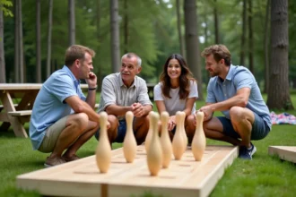 Groupe de quatre adultes jouant au molkky en plein air