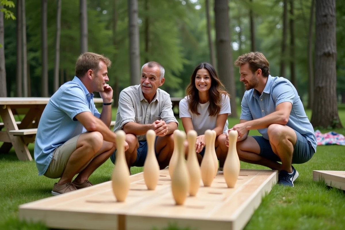 Groupe de quatre adultes jouant au molkky en plein air