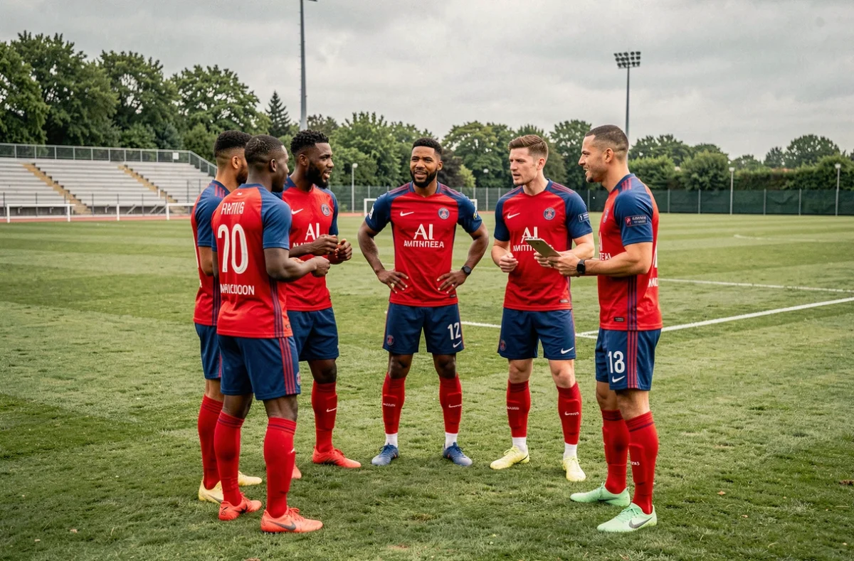 Groupe de joueurs du PSG réunis en cercle lors d'une discussion tactique avec leur entraîneur sur le terrain d'entraînement