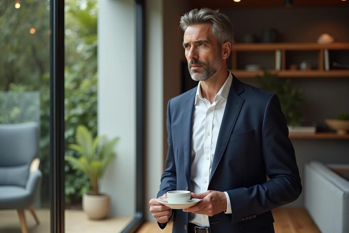 Homme en costume dans un intérieur moderne avec café