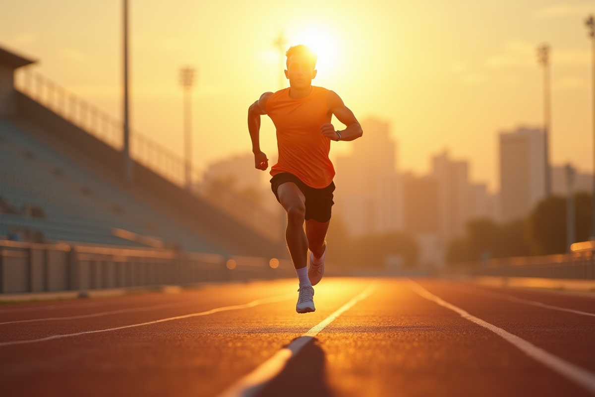 Homme athlétique courant au lever du soleil sur une piste d