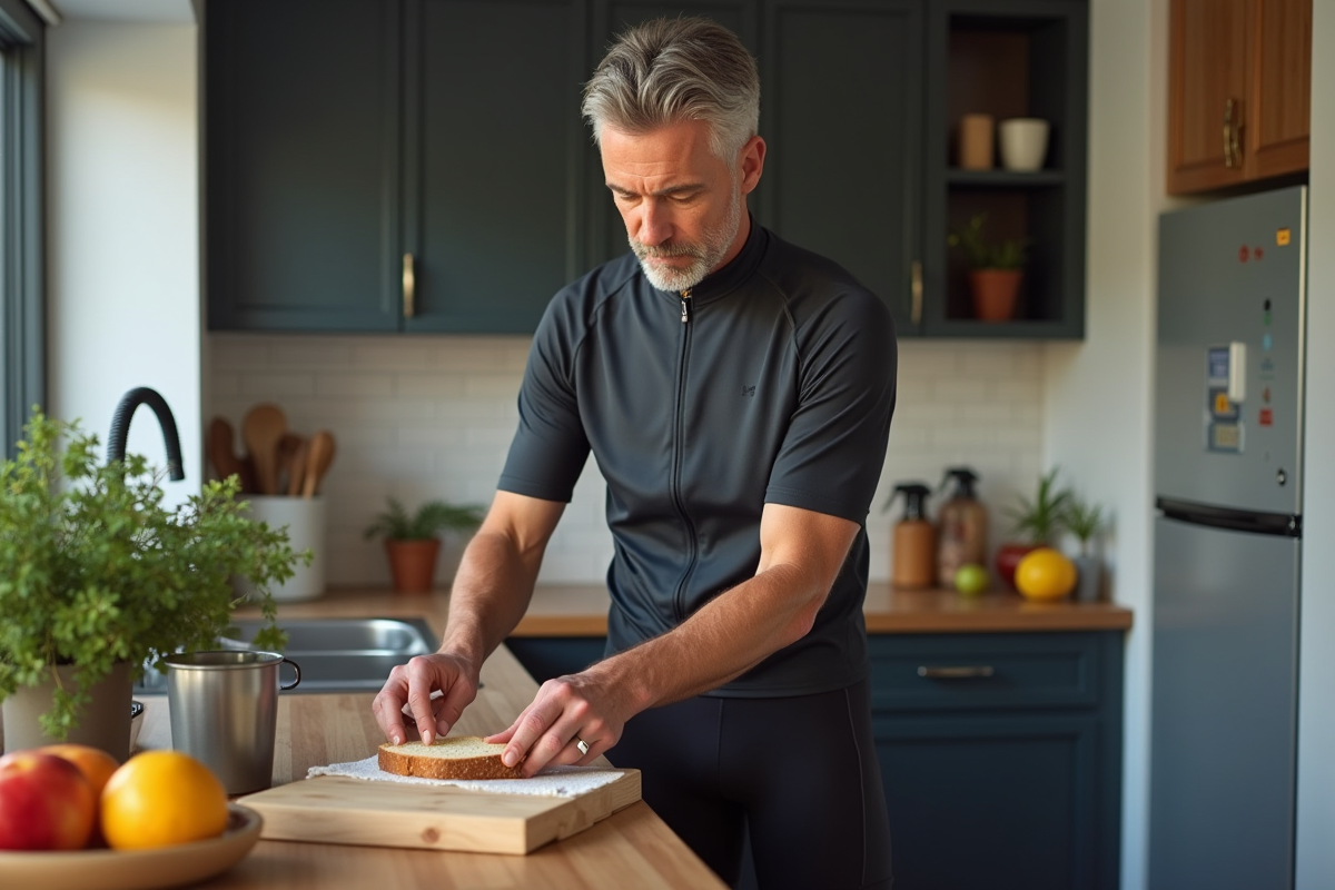 Homme préparant du pain au miel dans sa cuisine moderne