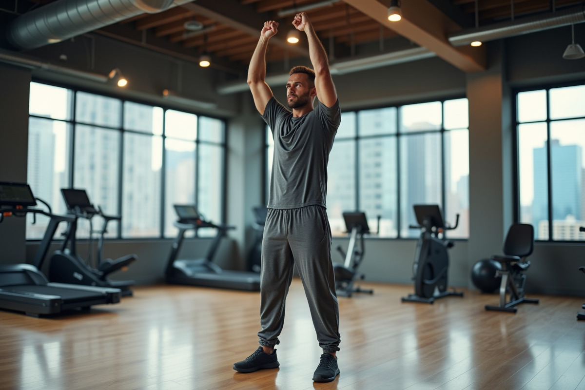 Homme en étirement dans une salle de sport moderne