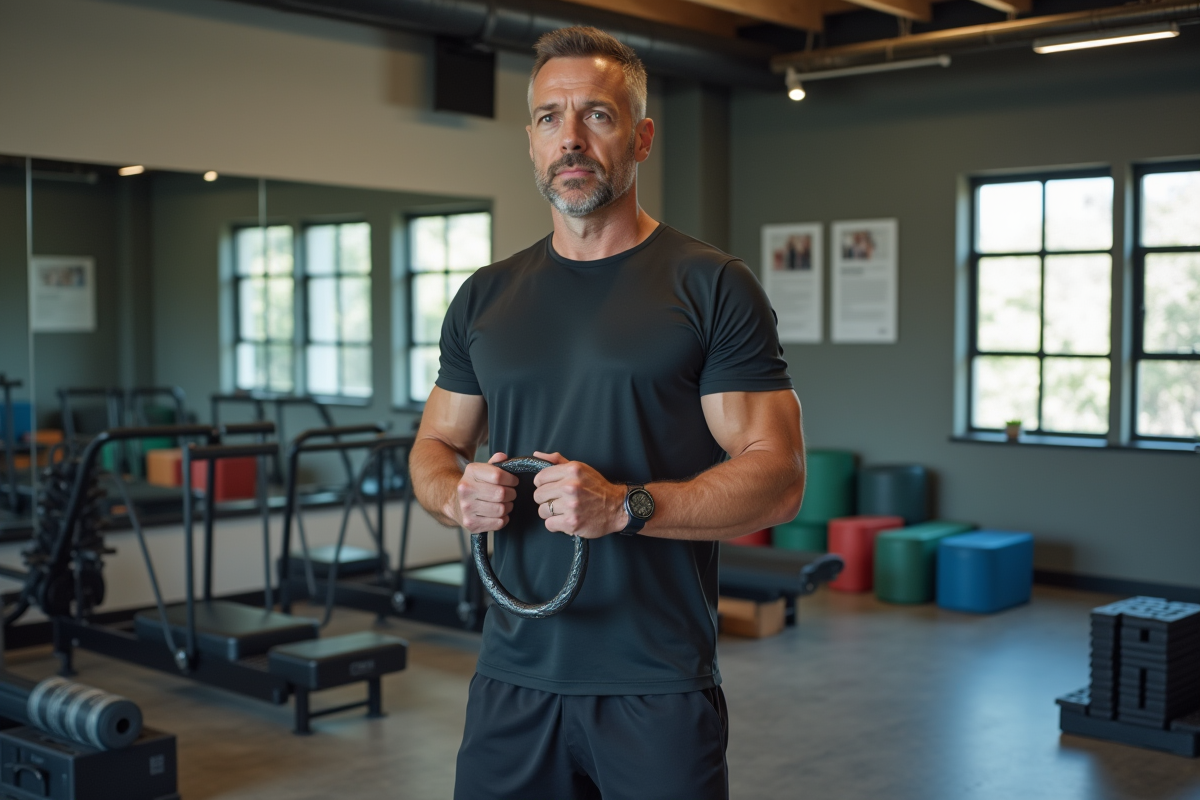 Homme faisant exercice avec anneau Pilates dans une salle moderne