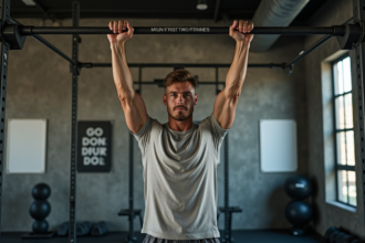 Jeune homme en salle effectuant un pull-up concentré