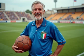 Homme italien en maillot vintage 1982 avec ballon de football