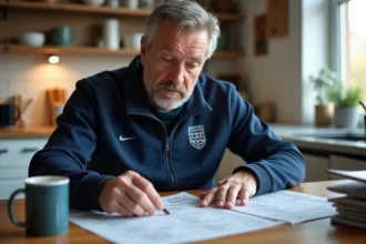 Homme d'âge moyen lisant résultats rugby à la maison