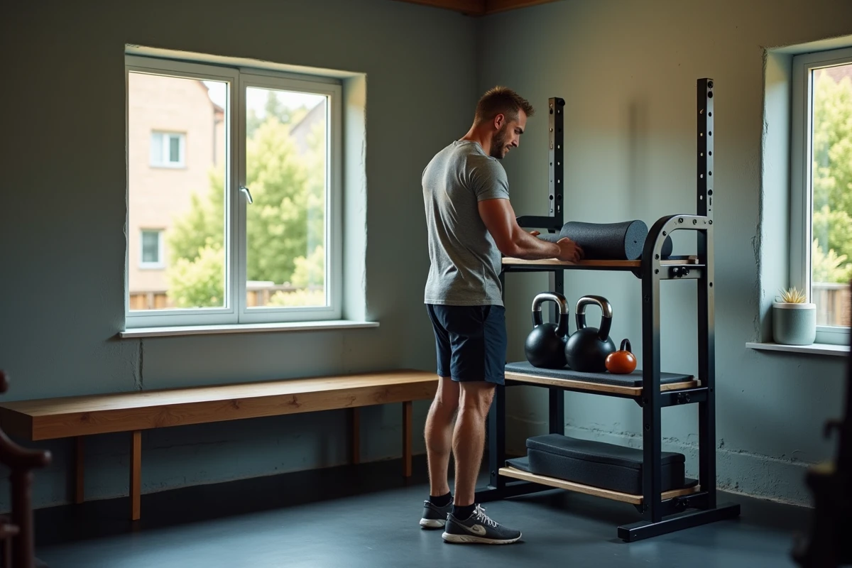 Homme organisant des équipements dans un home gym