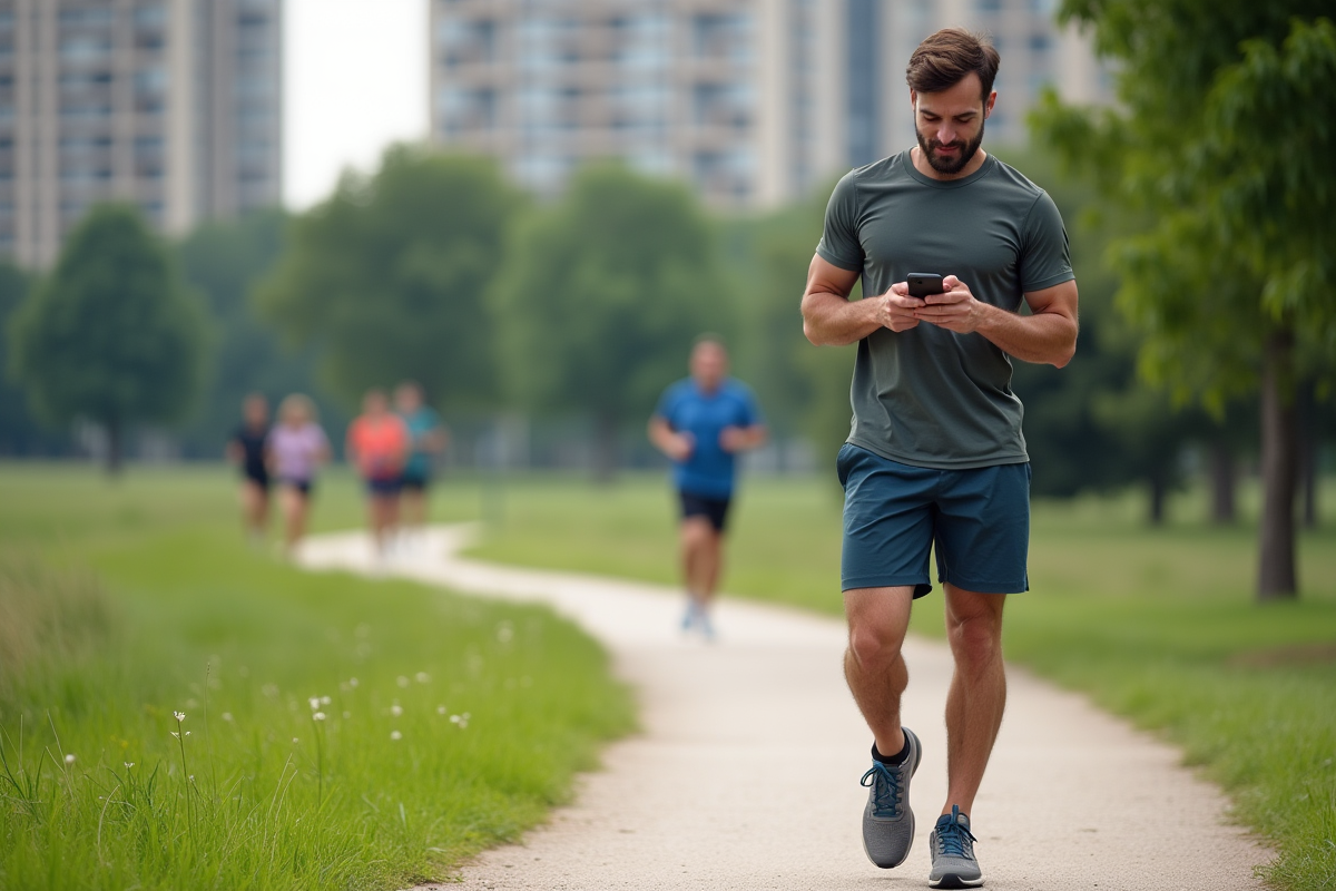 Homme en tenue de sport dans un parc urbain vérifiant une application fitness