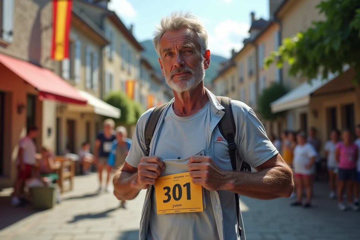 Homme d age attachant son dossard dans une ville provinciale