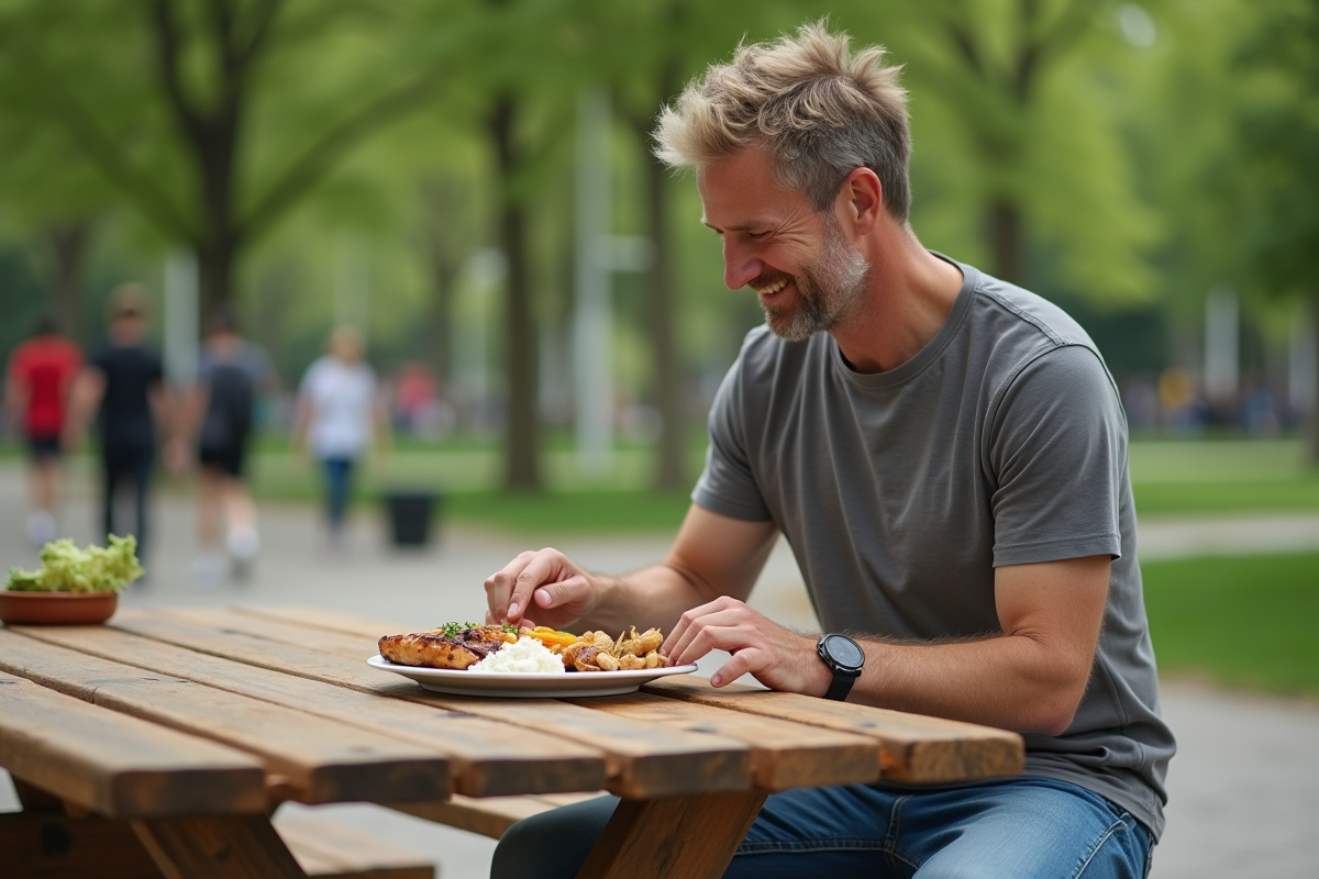 Homme d age moyen mangeant au parc avec un plat de poulet