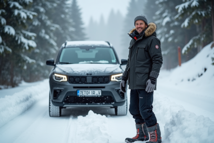 Homme d'âge moyen vérifiant ses chaînes à neige sur SUV en montagne enneigée