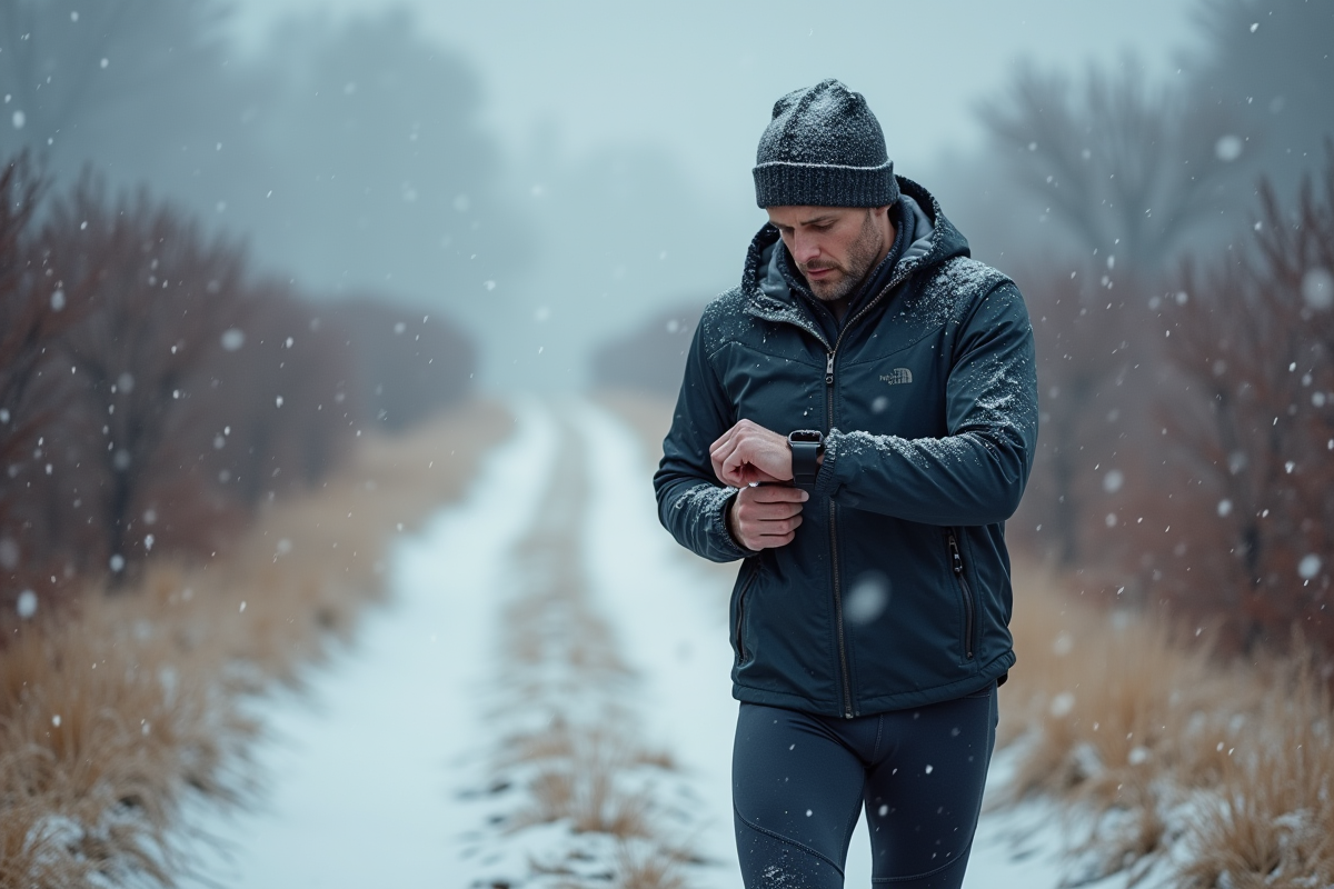 Homme ajustant sa montre sous la neige en campagne
