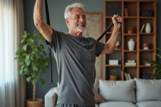 Homme sportif de 70 ans faisant des exercices avec bande de résistance dans un salon
