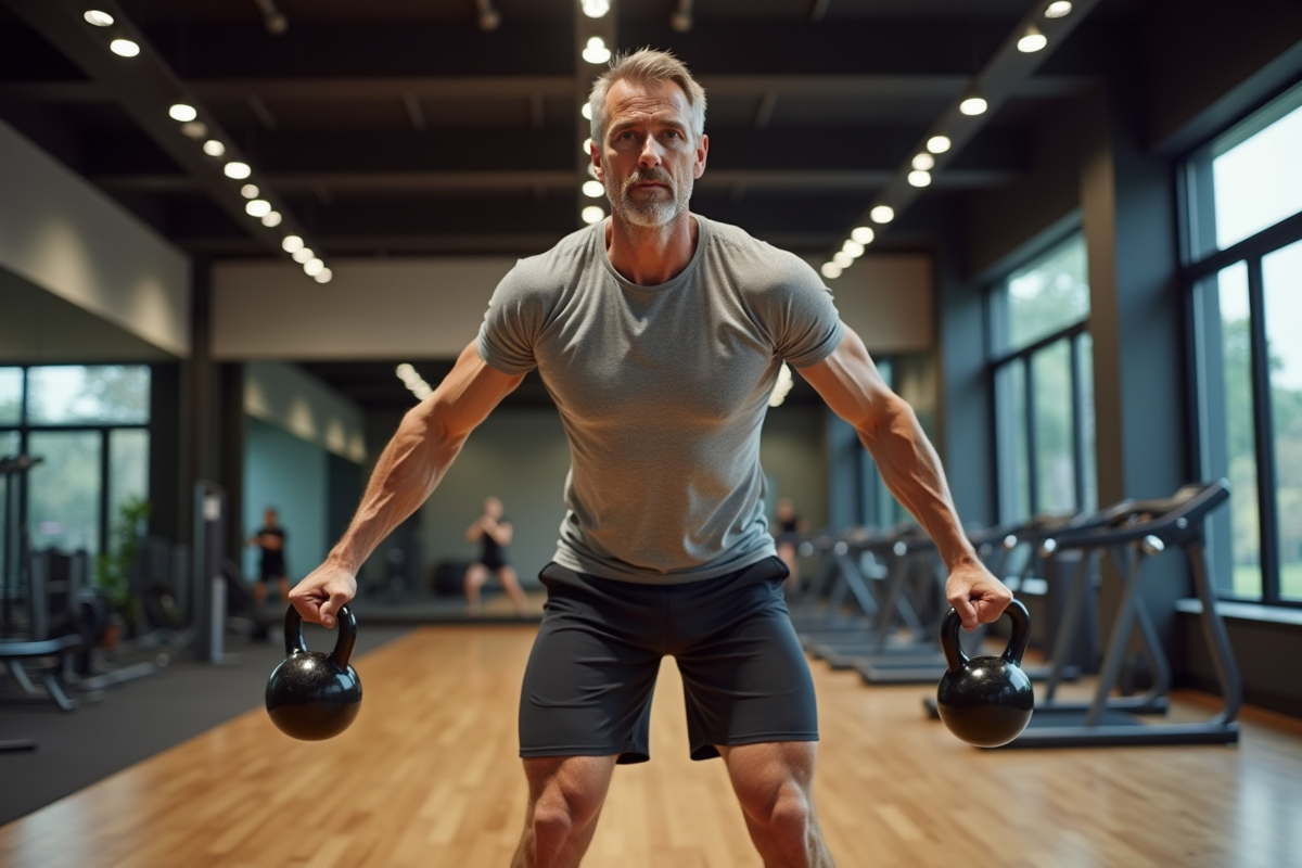 Homme faisant des swings de kettlebell en salle