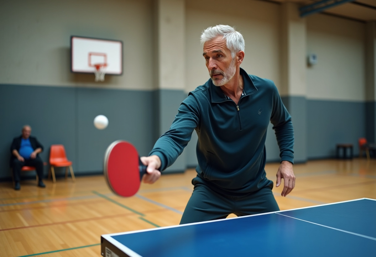 Homme concentré jouant au tennis de table en salle sportive