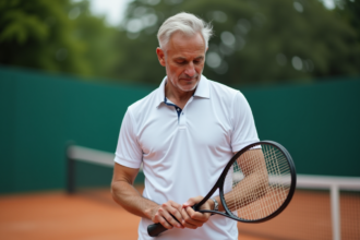 Homme d'âge moyen examine une raquette de tennis moderne