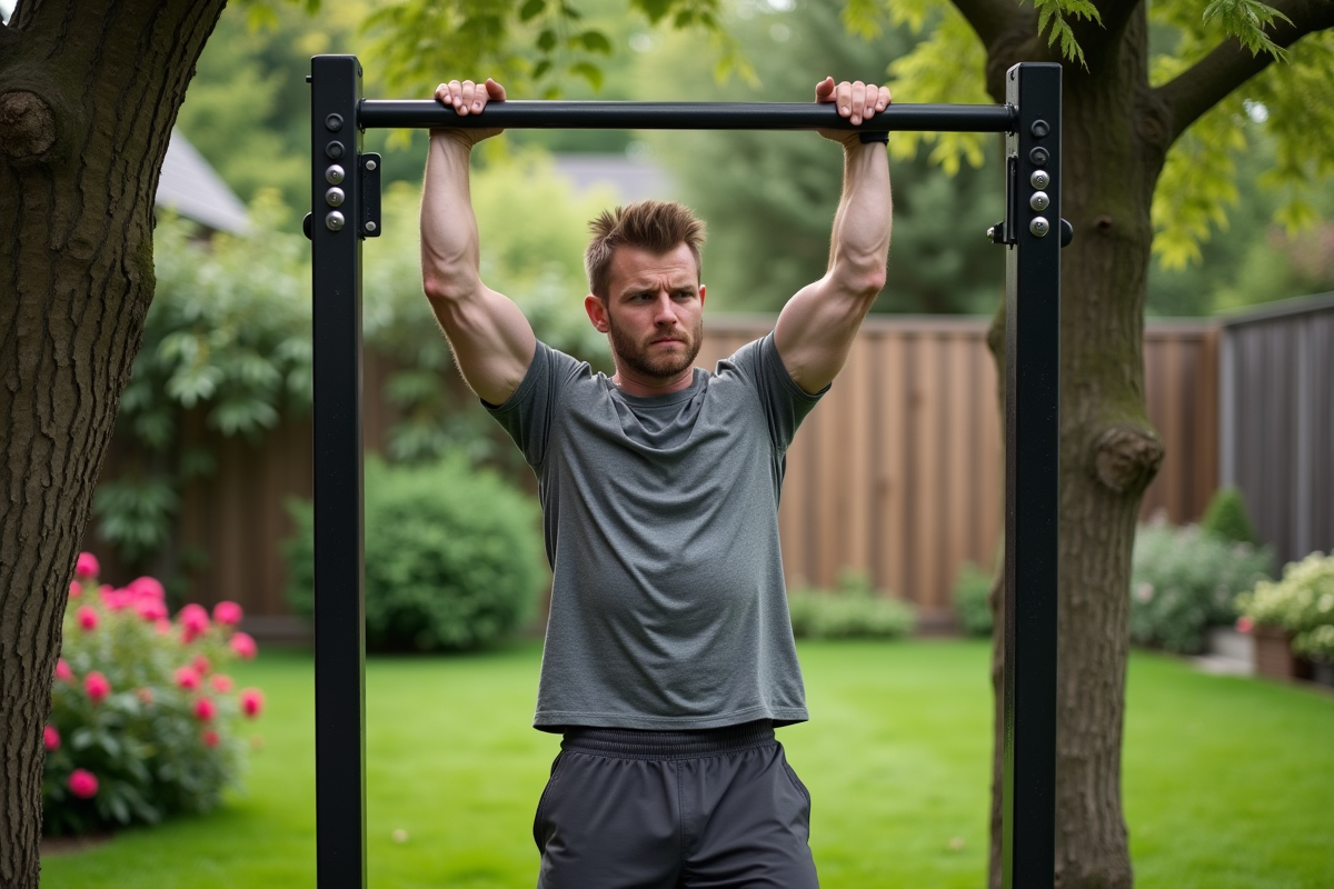 Jeune homme faisant des tractions dans un jardin verdoyant