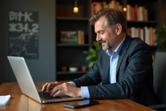 Homme d'âge moyen travaillant sur ordinateur avec statistiques hippiques